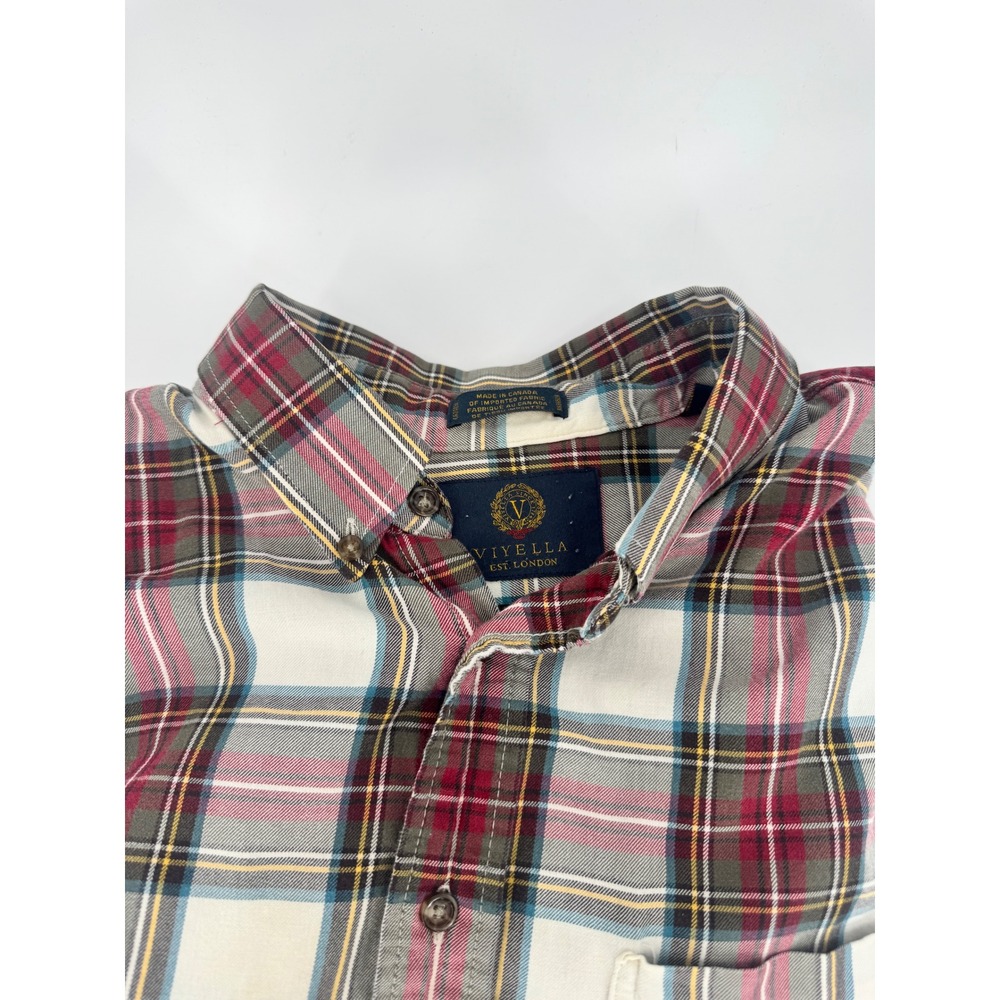 Viyella‎ Mens XL Button Down Flannel Shirt Beige Plaid repaired